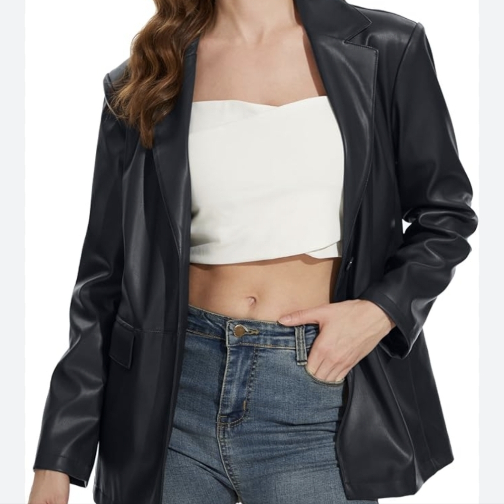 Vegan / Faux LEATHER Black Long Blazer Jacket
